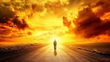 Fototapeta premium A lone figure walks towards a vibrant sunset, surrounded by dramatic clouds and a reflective road, symbolizing hope and new beginnings.