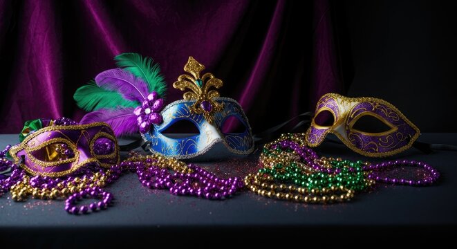 Colorful Mardi Gras masks and beads on dark table with purple backdrop