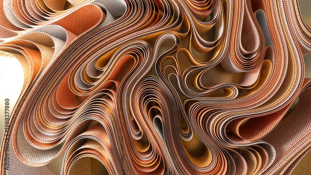 Poster undulating ribbons in vibrant orange and gold intertwining, morphing into organic curves and flowing