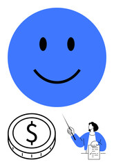 Blue happy face, dollar coin, person pointing to document with pen. Ideal for happiness, finance, productivity, goal setting, education success motivation. Abstract line flat metaphor
