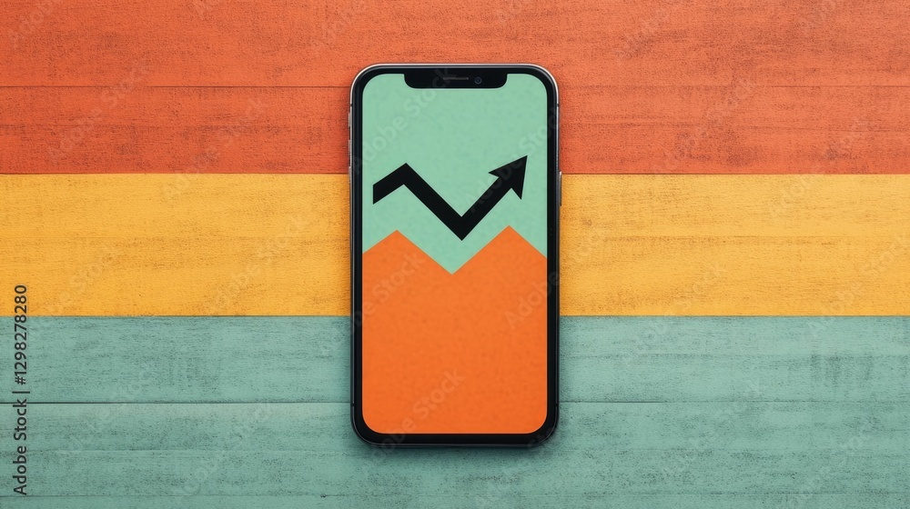 Poster smartphone screen showing upward trending graph arrow against bright colorful background representin
