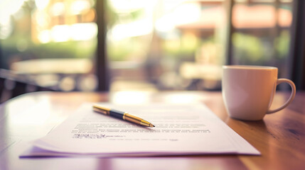A resignation letter placed on a wooden desk, with a blurred office background featuring a coffee cup and pen, symbolizes the emotional process of job resignations and career transitions.