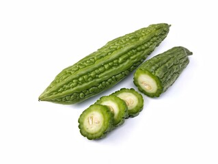 Fresh slices of bitter melon isolated on white background 