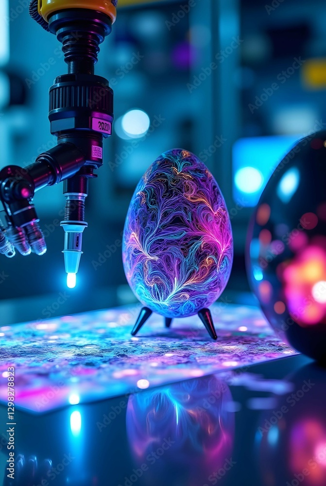 Poster a combination of easter and technology, a robotic arm works on a vibrant, swirling-patterned egg lab