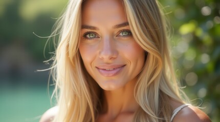 Fototapeta premium Radiant Young Woman Smiling Outdoors in Natural Light