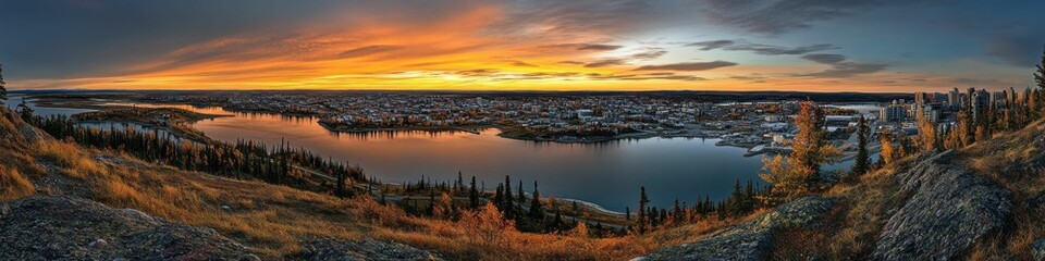 Bush Pilot Monument Overlooking Yellowknife at Dusk, Panoramic City Landscape of Canada with Orange Sky and Water Reflections
