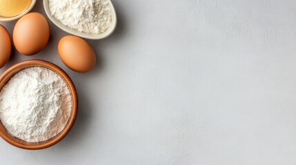 Eggs and flour in bowls on a grey background. Realistic style. Concept of baking ingredients