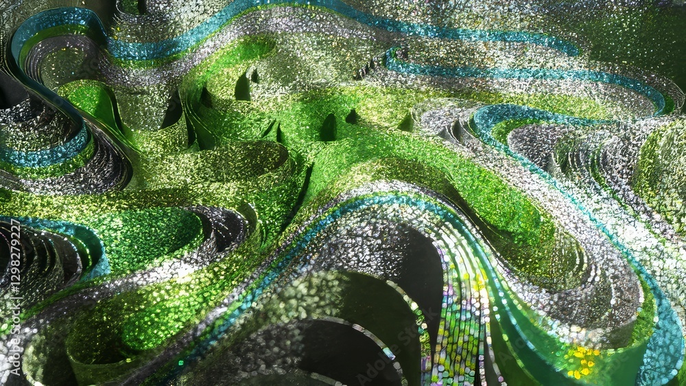 Aufkleber metallic ribbons glittering in green and silver gracefully intertwining, creating mesmerizing abstra