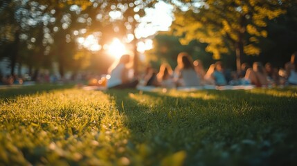 People enjoying a warm sunset in a park with green grass