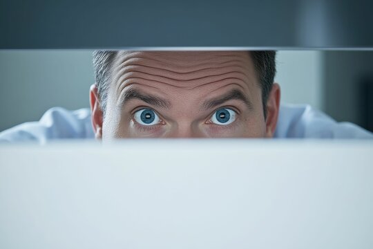 Businessman Peeking. Mature Adult Male Caucasian Looking Over Abstract Cube Design