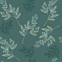 Seamless pattern with line green leaves and blue berries on green background.