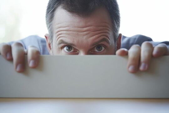 Businessman Peeking Over Desk in Abstract White Room Design
