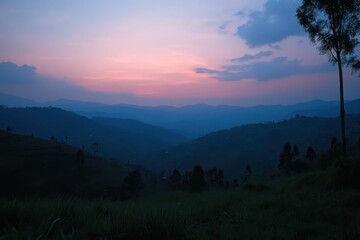 Naklejka premium Bwindi Sunset: Majestic Landscape and Mountain Views in Uganda's Forested Hill Country
