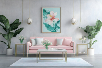 Pink Sofa Living Room 3D Illustration