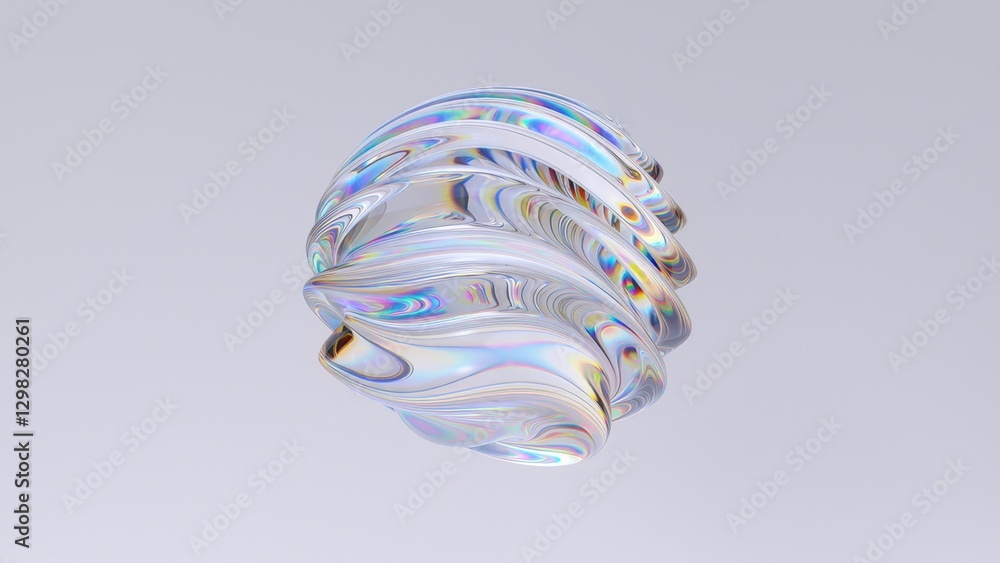 Poster glassy sphere with iridescent surface smoothly morphs and rotates, showcasing a mesmerizing play of 