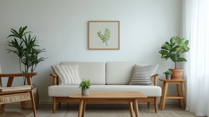Cozy and Minimalist Living Room Interior with Plants and Natural Elements for Modern Home Decoration