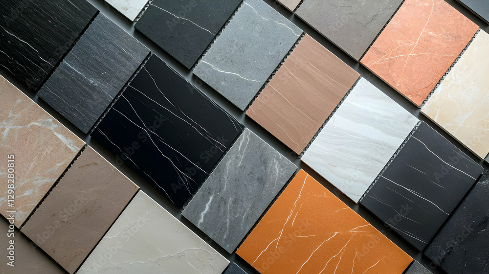 Aufkleber arranged diagonal squares of various textured tiles in neutral and earth tones with sparkling metall