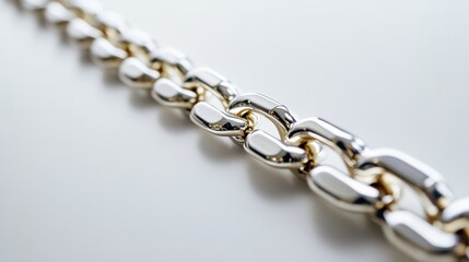 Fototapeta premium An elegant portrayal of a silver and gold chain shimmering on a pristine reflective surface, symbolizing wealth and luxury with its polished design and intricate details.