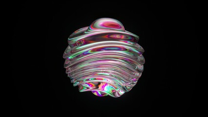 Colorful glass sphere morphing, rotating dynamically on black background, transforming fluid shape with iridescent reflections creating mesmerizing visual effect