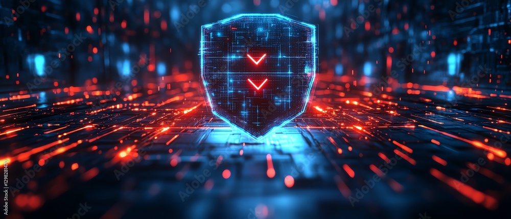 Poster hightech 3d shield with blue and red glowing effects