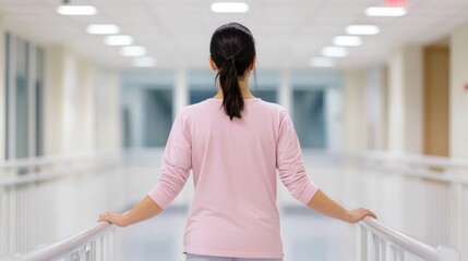 Patient standing and stretching with the help of a railing engaging in assisted rehabilitation therapy in a hospital corridor  Concept of medical care physical therapy and recovery process