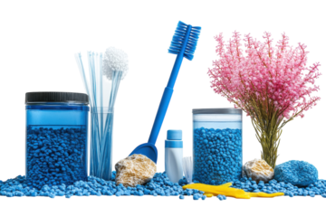 Colorful aquarium supplies arranged on a white background featuring gravel, plants, and cleaning tools