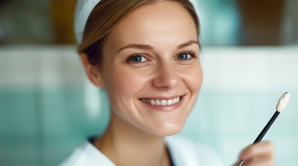 A cheerful healthcare professional in a clinical environment, showcasing her engaging smile while holding a tool, highlighting positivity in the medical field.