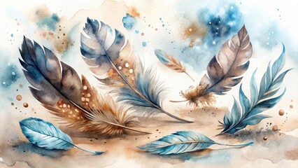 Serene Watercolor Painting of Delicate Brown and Teal Feathers Scattered on a Sandy Surface with Abstract Watercolor Background