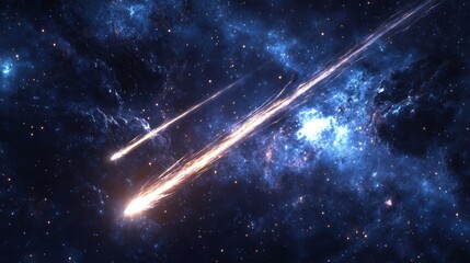 Dynamic meteor shower in deep cosmic galaxy with bright trails and starry background