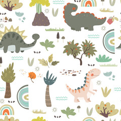 Dino pattern with plants, rainbows, volcano and spots on white background. Seamless pattern with cute animals and cartoon nature.