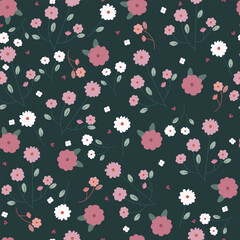 Pattern with flowers different sizes on black background. Vector illustartion for wrapping paper, clothes, fabric.