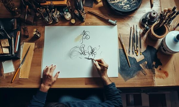 An artist seated at a cluttered desk, drawing cursive calligraphy onto blank paper with pens.