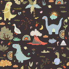 Obraz premium Seamless pattern with dinosaurs and cartoon nature on black background. Vector illustration for kids.