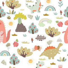 Dino pattern with cute nature, plants, volcano, rainbows. 