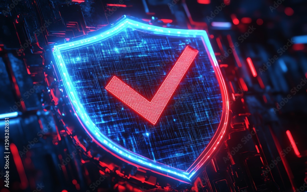 Aufkleber 3D glowing blue and red shield with check marks