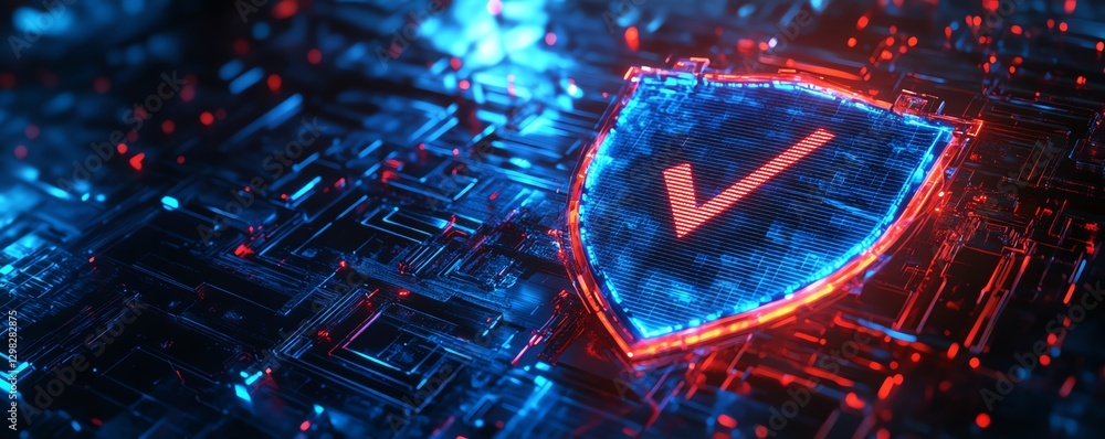 Poster 3d rendering of a blue and red glowing shield with check marks