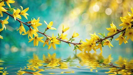 Obraz premium Serene Spring Branch Reflecting in Tranquil Water, Vibrant Yellow Blossoms and Gentle Ripples, a Peaceful Natural Scene