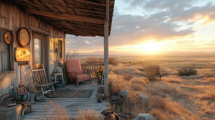 Rustic porch overlooking desert sunset