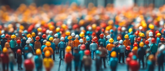 Fototapeta premium A crowded scene of miniature workers wearing hard hats, representing teamwork and large workforce, highresolution, dynamic angle, vivid color contrast