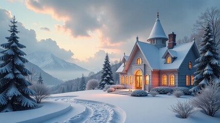 An idyllic winter scene featuring a snow-covered house nestled amidst a forest.