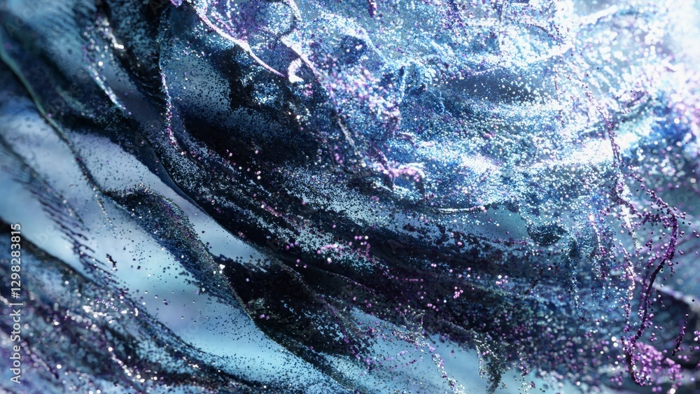 Poster glittering particles swirling and merging into fluid wavy patterns, generating dynamic luminous visu