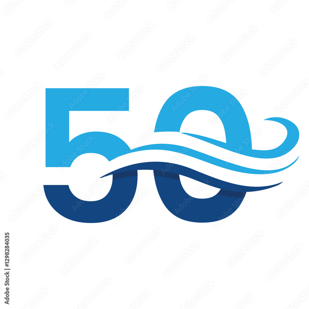 Poster the image shows a flat logo design of a number 50 with three wave lines in blue color.