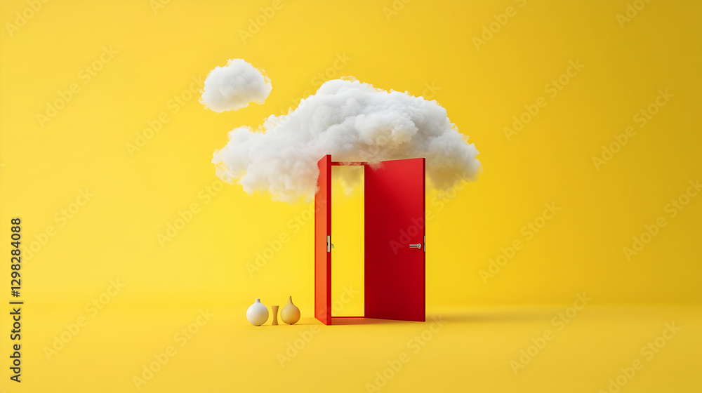 Poster red door opening to a cloud on bright yellow background with small objects and minimalist design