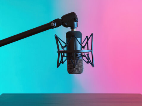 High fidelity microphone on boom arm with colorful background