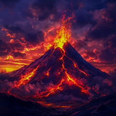 A powerful active volcano erupting, with glowing red lava flowing down its slopes, ash clouds filling the air, and a fiery orange glow contrasting with a deep purple twilight sky