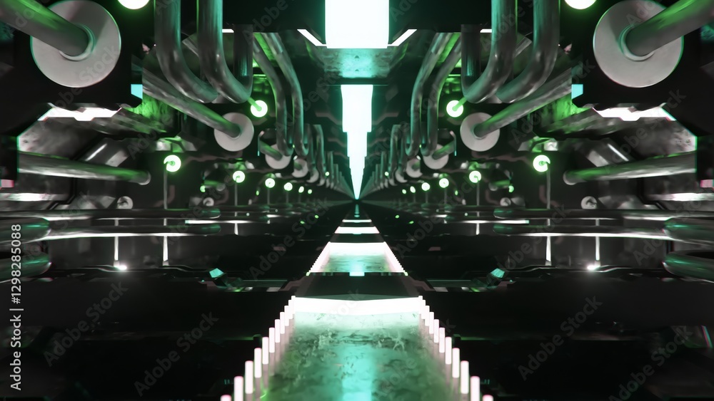 Poster camera moving forward inside a futuristic metallic corridor with green lights and pipes, an ideal ba