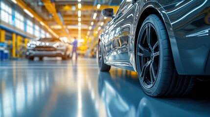 Fototapeta premium A Sleek, Modern Black Car in a Vibrant Automotive Factory Setting with Workers in the Background, Highlighting Advanced Manufacturing and Engineering Techniques