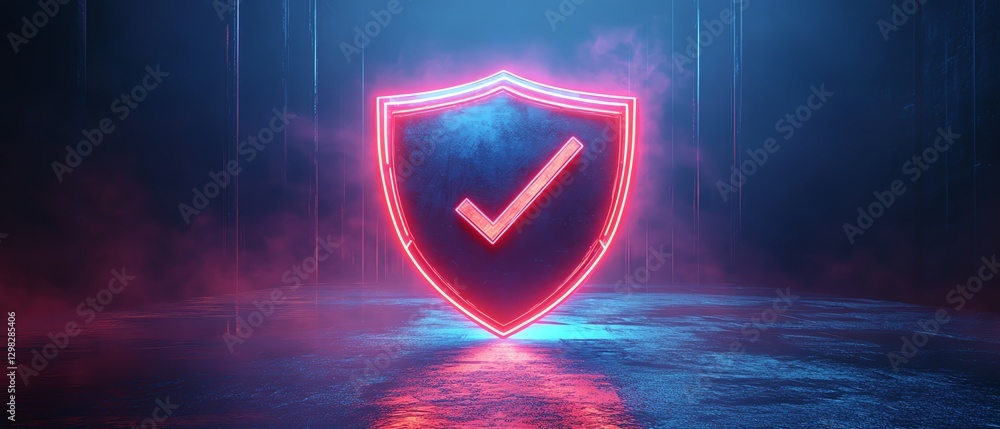 Poster digital 3d blue and red glowing shield with check marks