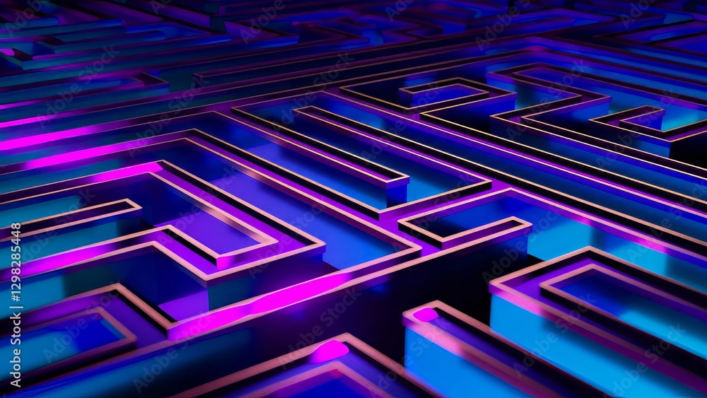 Poster purple and blue labyrinth walls reflecting neon lights create a captivating and challenging visual p