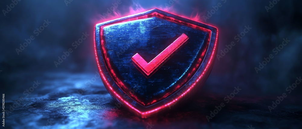 Poster digital 3d blue and red glowing shield with check marks